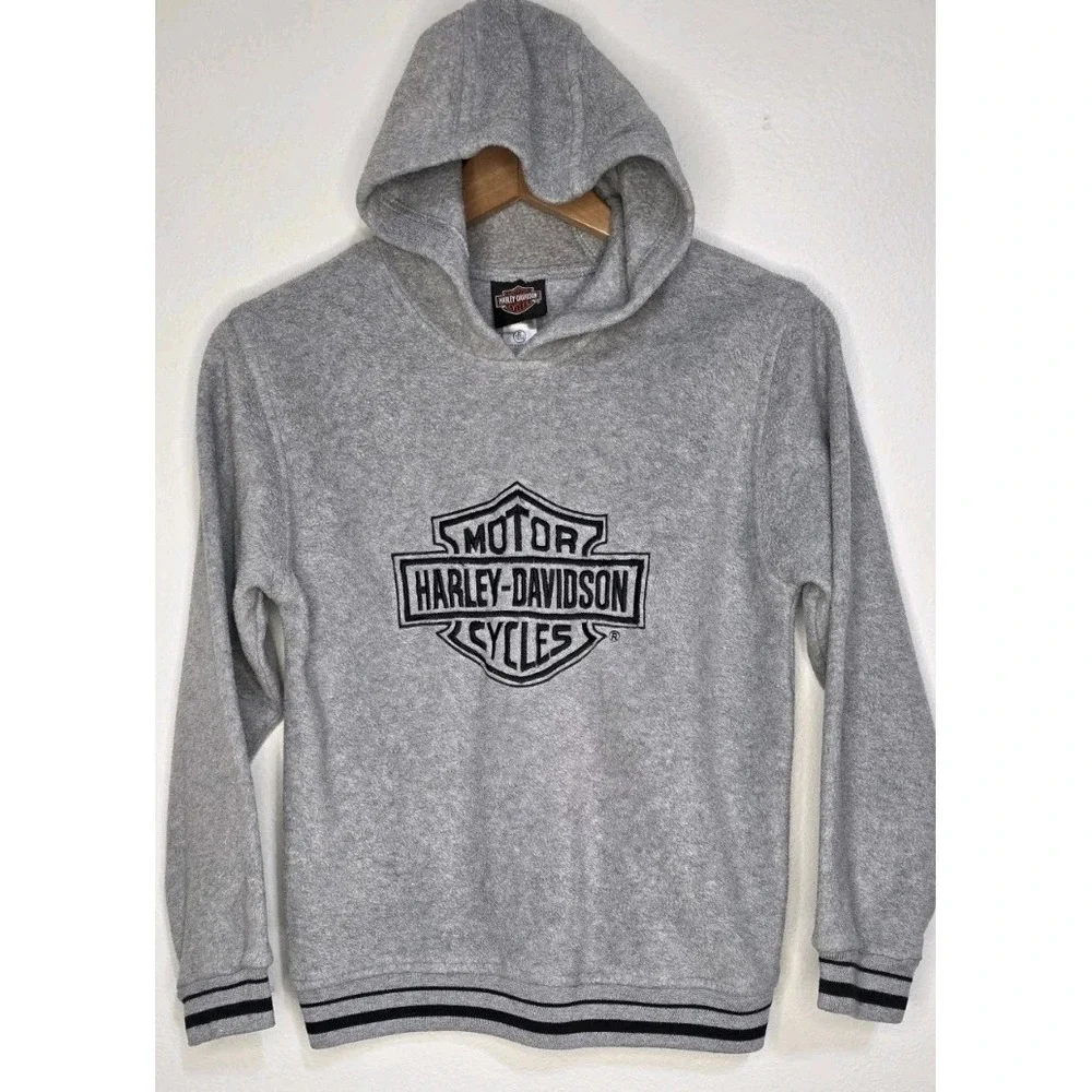 Harley Davidson Fleece Hoodie Sweatshirt Kids M 12/14 Embroidered Logo Gray Moto